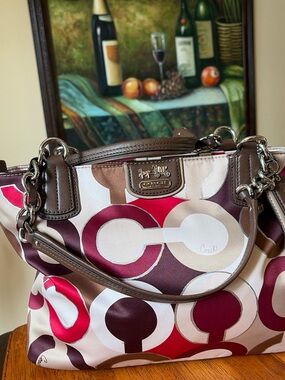 Coach Multicolor Circle-Print Tote with Brown Trim